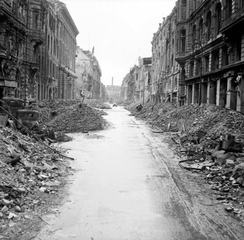 A devastated street in the city centre just off the Unter den Linden after the Battle of Berlin